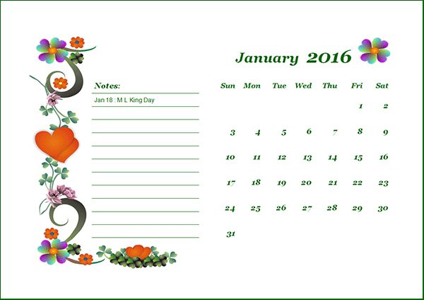 Cool Monthly Calendar 2016