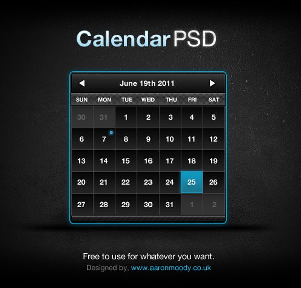 Free Dark UI Calendar PSD